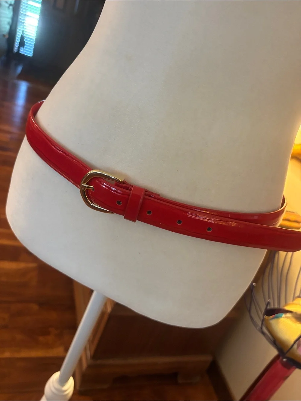 Embossed Red Patent Leather Slim Belt with Gold Buckle